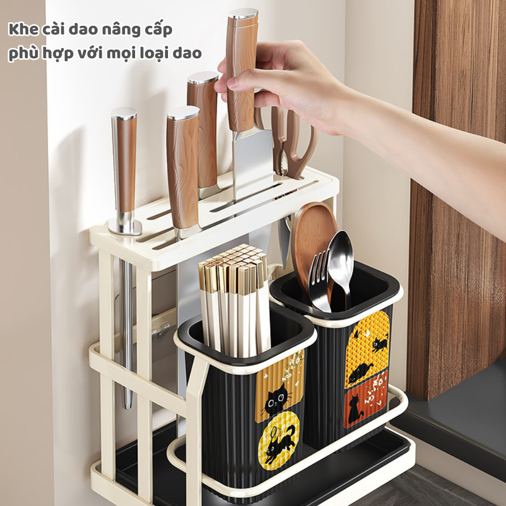 Kệ Cài Dao Kéo Muỗng Đũa Nhà Bếp Đa Năng, Giá Để Dao Đũa Chất Liệu Thép Cacbon Có Khay Thoát Nước