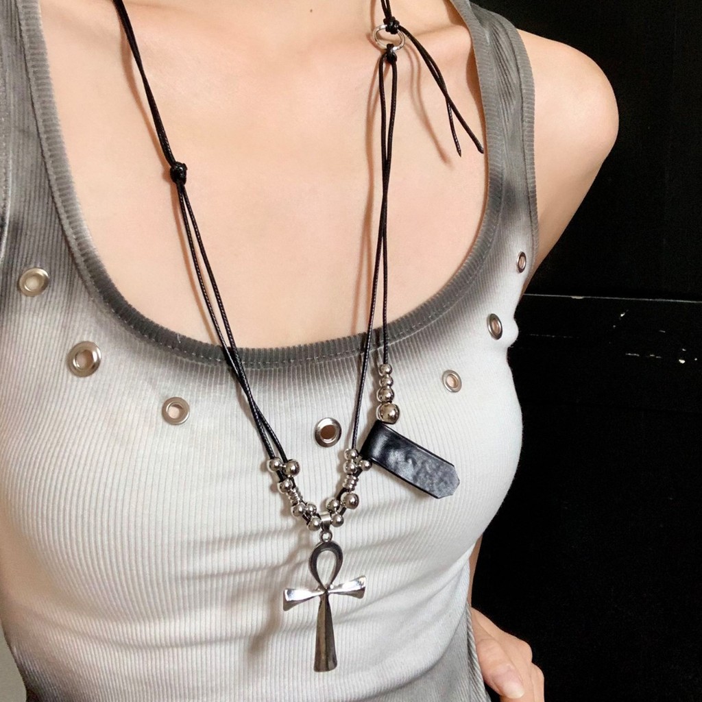 Dây chuyền hai lớp mặt cá tính, thiết kế thời trang phù hợp áo len, phong cách dark punk cho nữ