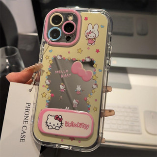 Vỏ Gương Cặp Đôi Hoạt Hình Mèo Kitty + Dây Xích + Giá Đỡ Cho IPhone 16 11 15 14 13 12 Pro Max X Xr Xs Max 7 8 Plus Vỏ Điện Thoại Bảo Vệ Ống Kính Chống Sốc Mềm Vỏ Đen