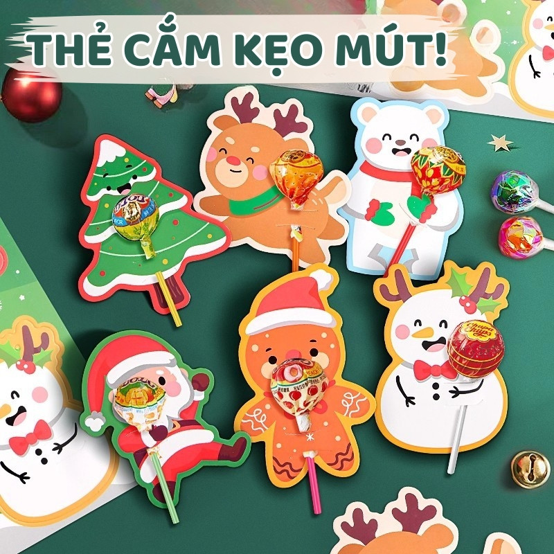 Thẻ Cài Kẹo Mút Noel – Thẻ Giấy Trang Trí Hình Giáng Sinh, Dùng Gắn Kẹo Mút Quà Tặng Dễ Thương