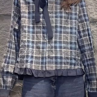 L-6XL Plus Size Áo Sơ Mi Nữ Nấm Cạnh Nơ Cổ Tròn Dài Tay Kẻ Sọc Áo Sơ Mi Nữ Thu Đông Hàn Quốc Retro Thời Trang Rời Top Hợp Thời Trang Plus Size Quần Áo Nữ