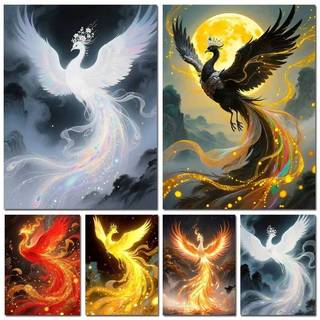 Phong Cách Trung Quốc Mới Vàng Trắng Phượng Hoàng Tranh Canvas Dreamy Phong Thủy Chủ Đề Bảo Vệ Nhà Cửa Mạ Vàng Phác Thảo Thủ Công Thanh Lịch Và Lớn Nghệ Thuật Treo Tường Cho Phòng Học Lối Vào Tường Tiêu Đề