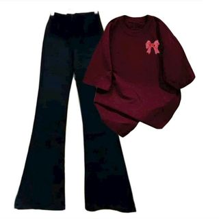 Mẫu bộ đồ nữ quần ống loe kết hợp áo phông su cotton-hình NƠ CARO ĐỎ-thuba94