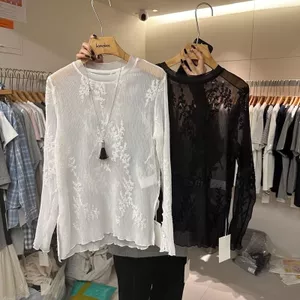 Cổ tròn áo thun dài tay thêu ren mỏng, thiết kế công nghiệp, chống nắng