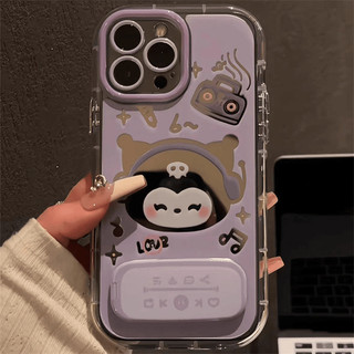 Vỏ Gương Hoạt Hình Dễ Thương + Dây Xích + Giá Đỡ Cho IPhone 16 11 15 14 13 12 Pro Max X Xr Xs Max 7 8 Plus Vỏ Điện Thoại Bảo Vệ Ống Kính Chống Sốc Mềm Vỏ Đen