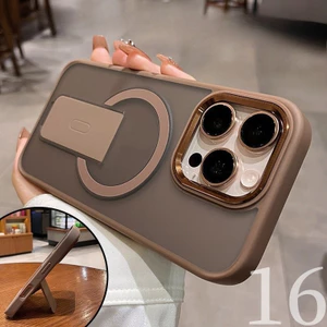 Ốp lưng điện thoại Acrylic kim loại mờ có giá đỡ từ tính vô hình cho iPhone 16e 16 15 14 Plus 13 12 11 pro max