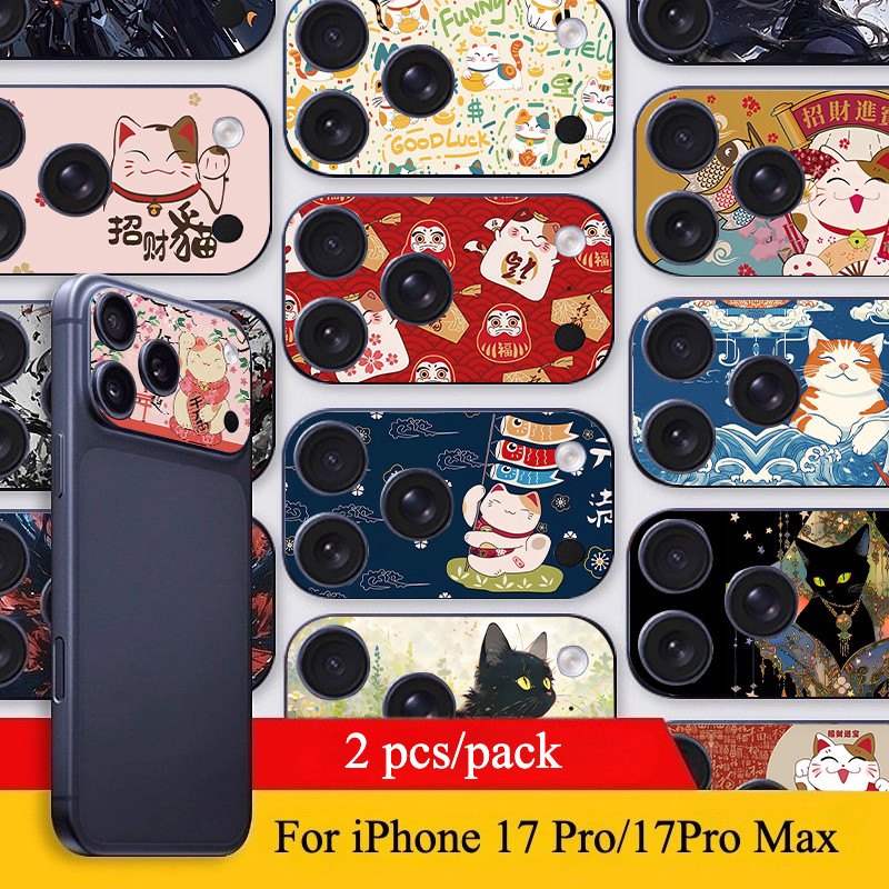 [2 Cái] Nhãn dán giấy máy ảnh mềm mỏng hình mèo may mắn dễ thương cho iPhone 17 Pro / 17 Pro Max Trang trí phim máy ảnh Phim bảo vệ camera chống mài mòn chống trầy xước