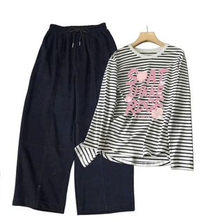 SÉT BỘ QUẦN CHUN ĐEN HÁCH DÁNG+MIX ÁO SỌC NGANG DÀI TAY CỔ TRÒN CHẤT COTTON-thuba94