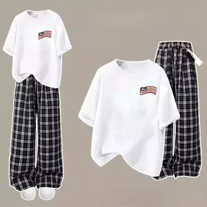 Quần Kẻ caro đen bản to+ kết hợp áo phông su form rộng tay lỡ cotton su-hình LÁ CỜ MỸ AAA-QUANAO94