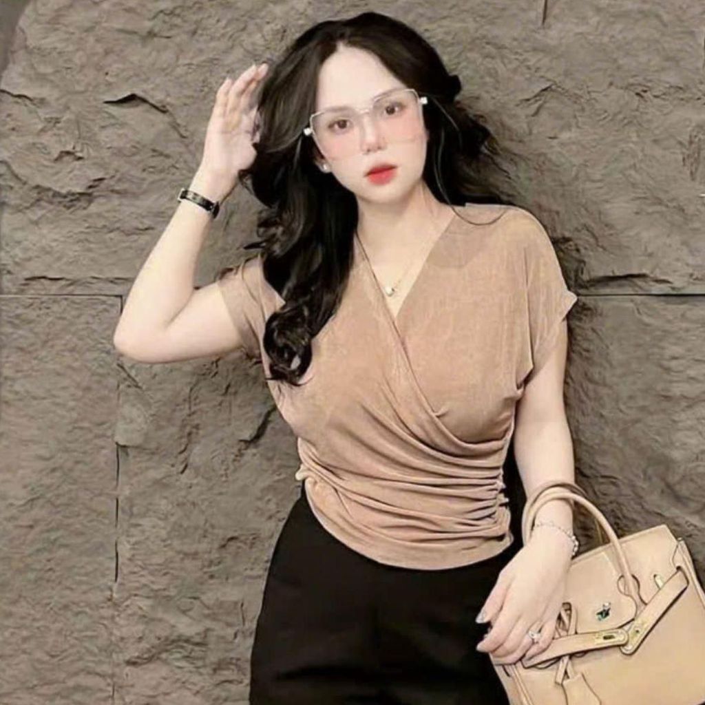 Áo Thun Nhũ Cổ Chéo Sang Chảnh ESHOP - Áo Kiểu Nữ Ánh Kim Nữ Ôm Body Co Giãn Đẹp Dễ Thương MS528