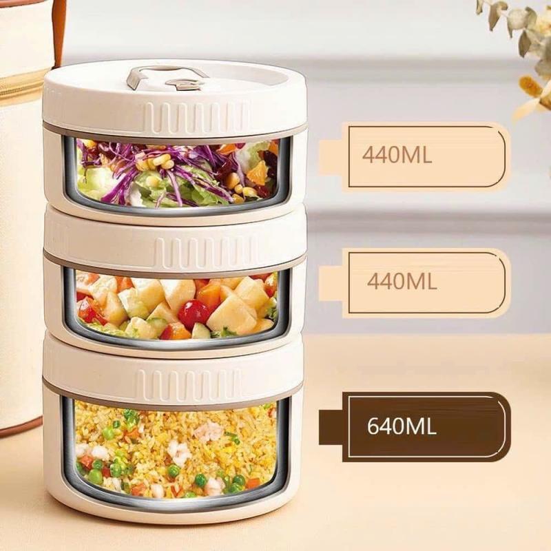 Hộp cơm 3 tầng giữ nhiệt, hộp cơm văn phòng lõi inox an toàn lò vi sóng tặng kèm đũa thìa