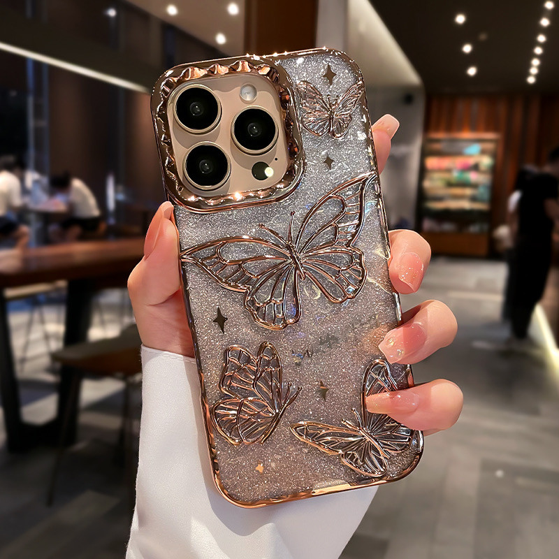 Ốp Điện Thoại Mạ Bướm Lấp Lánh Cho iPhone 17 Pro Max 16 13 14 15 Pro Max Air 16 plus Ống Kính Bảo Vệ Camera Vỏ Chống Sốc TPU Vỏ Mềm Vỏ Bảo Vệ Điện Thoại