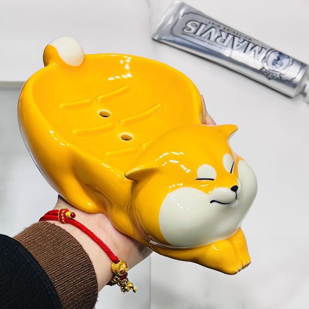Đĩa xà phòng gốm sứ sáng tạo hoạt hình, Giá đựng xà phòng Shiba Inu dễ thương, Khay đựng xà phòng thoát nước cho phòng tắm