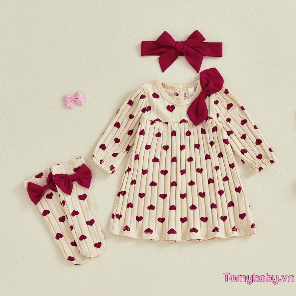 Váy Valentine cho bé gái Váy dài tay in hình trái tim dễ thương kèm vớ và băng đô