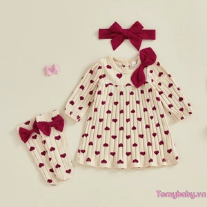 Váy Valentine cho bé gái Váy dài tay in hình trái tim dễ thương kèm vớ và băng đô