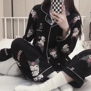 Hàng sẵn có Phiên bản Hàn Quốc Nhật Bản Bộ đồ ngủ hoạt hình Nữ Kuromi Cô gái dễ thương Trái tim ins Phong cách Quần dài tay Dịch vụ tại nhà Thu Đông