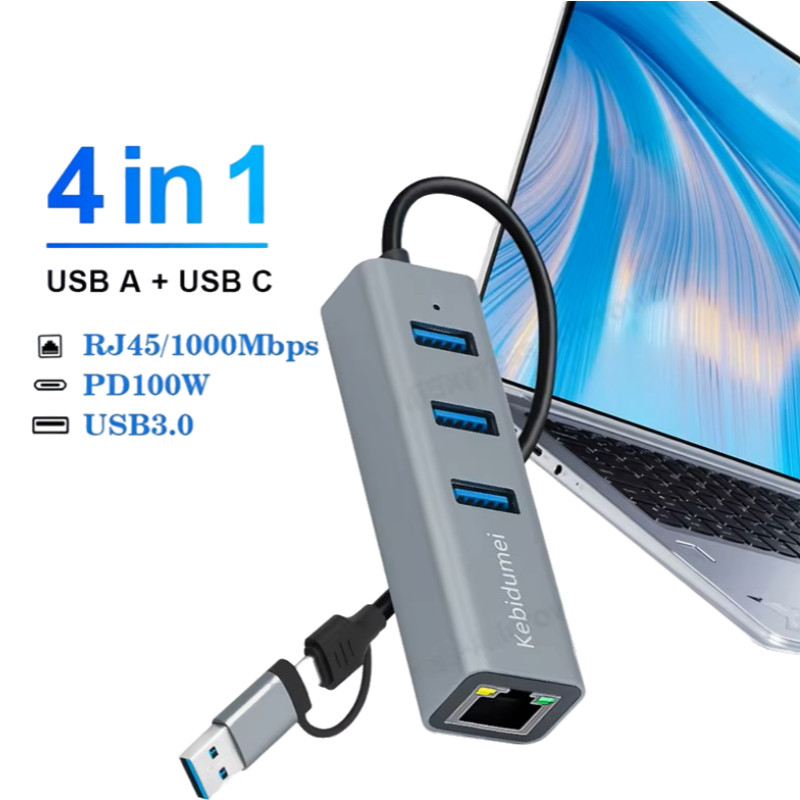 [Sẵn sàng] Bộ chuyển đổi USB 3.0 HUB 1000Mbps USB Ethernet 4 trong 1 Cổng HUB USB sang Rj45 Gigabit Ethernet cho máy tính xách tay MacBook Máy tính PC