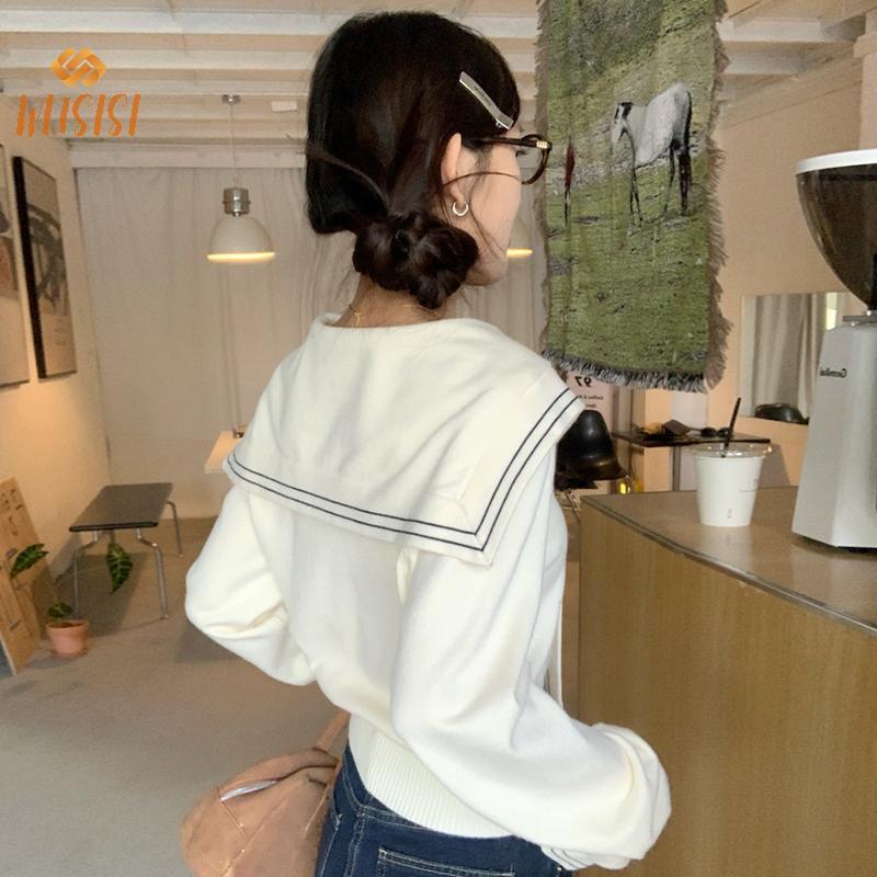 Áo len dài tay dáng rộng cổ Hải Quân phong cách đại học, thiết kế Hàn Quốc dành cho nữ
