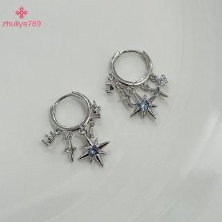 < zhuliye789 > Bông tai mặt dây chuyền hình ngôi sao tám cánh màu xanh Zircon dành cho nữ Màu bạc Ngôi sao sel Khóa tai Y2K Món quà trang sức
