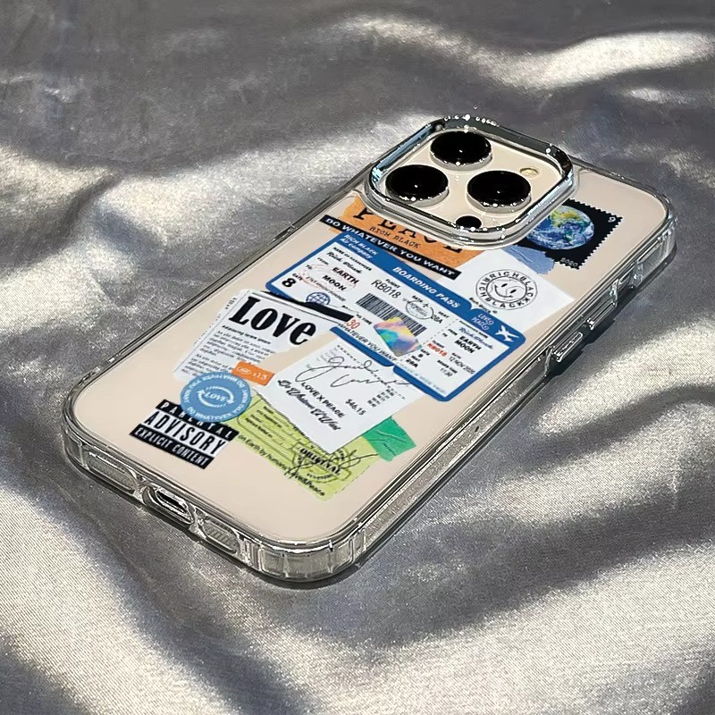 Nhãn vé máy bay Khung ống kính mạ điện Vỏ điện thoại trong suốt cho iPhone 17 Pro Max XS X XR 16 15 14 13 12 11 7 8 Plus 17 Vỏ chống sốc không khí