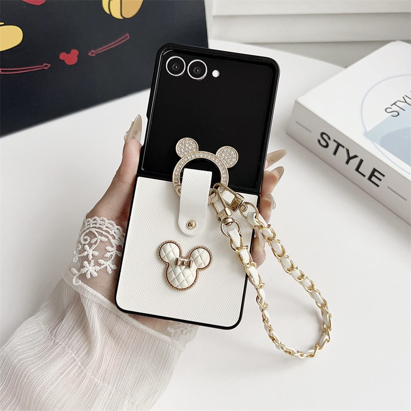 Ốp điện thoại đeo chéo dễ thương bằng da PU cho Samsung Galaxy Z Flip 7 Z Flip 7FE Z Flip 6 Z Flip 5 Z Flip 4 Z Flip 3 với Mickey Dimond Ring Vỏ bảo vệ chống sốc