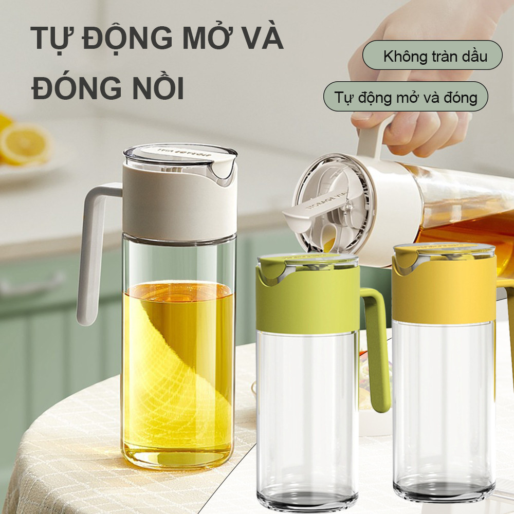 Chai đựng dầu ăn thủy tinh thông minh cao cấp nắp tự đóng mở, bình đựng dầu ăn thủy tinh có đế silicon chống trượt