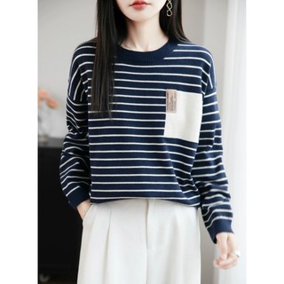 Áo len dệt kim sọc dài tay nữ dáng rộng cổ tròn đơn giản ~
