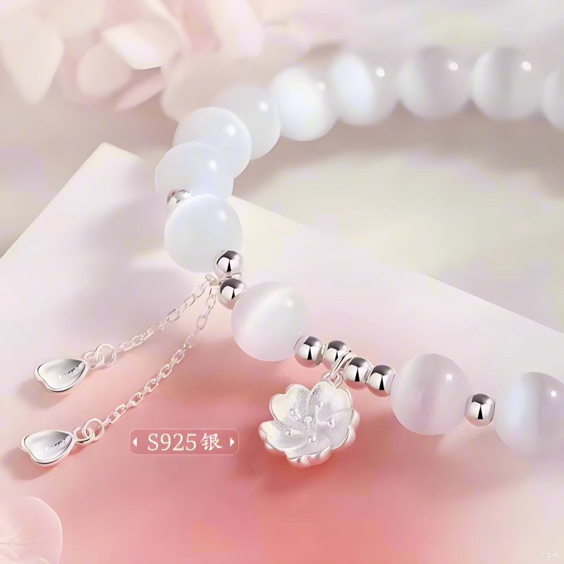 Vòng tay bạc Sweet Cat 's Eye Stone Cherry Blossom 925