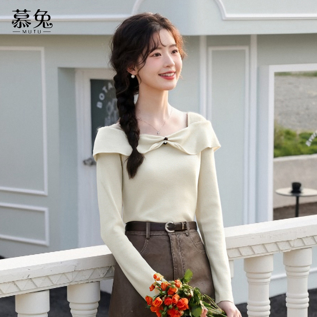 Mutu Áo Thun Nữ Phong Cách Pháp Retro, Cổ Vuông Xù Tay Dài, Form Ôm