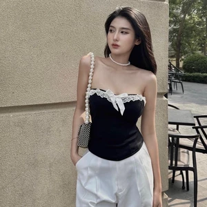 Áo Ống Nữ BABEE Cúp Ngực Croptop Phối Viền Ren Đính Nơ Có Khóa Kéo Sau Phong Cách Cá Tính Quyến Rũ