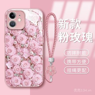 Dây buộc hoa hồng hồng Thích hợp cho 17 Vỏ điện thoại iphone15promax Thủy tinh lỏng 16 Nữ mới 14