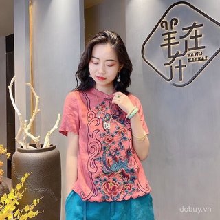Áo sơ mi nữ cotton phong cách dân tộc vintage, cổ áo ếch, nút thêu nghệ thuật, phù hợp mùa hè