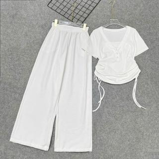 Set Bigsize Nữ 2 món áo thun nhấn eo phối quần suông ống lưng chun mềm mại co giãn thoải mái 55-93kg- A309+Q564