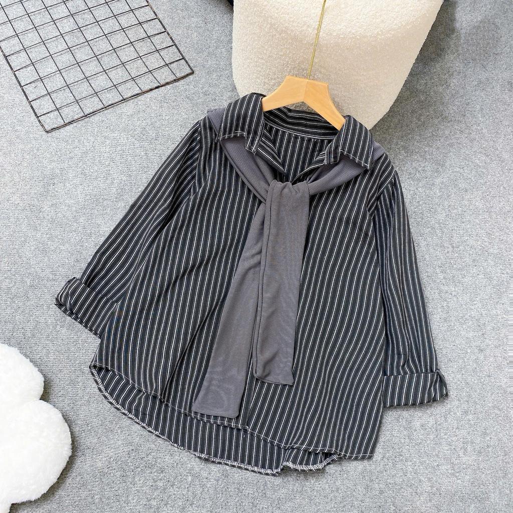 Áo sơ mi bigsize nữ Hàn Quốc kẻ sọc phối khăn thủy thủ – Dáng xinh che khuyết điểm cho nàng 50–93kg – A328+A195
