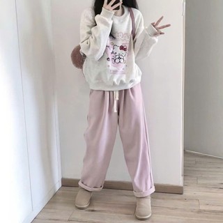Áo sweater hello kitty in trái tim hồng dành cho nữ cổ tròn form rộng tay bồng chất nỉ bông