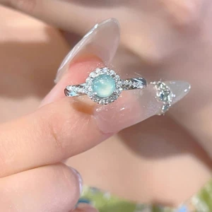 Nhẫn đính đá xanh Retro thời trang, điều chỉnh size phù hợp