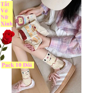 Pack 10 đôi Tất Vớ Nữ AKubi Cổ Cao Họa Tiết Gấu Màu Muối Tiêu Siêu Hot Mẫu Mới