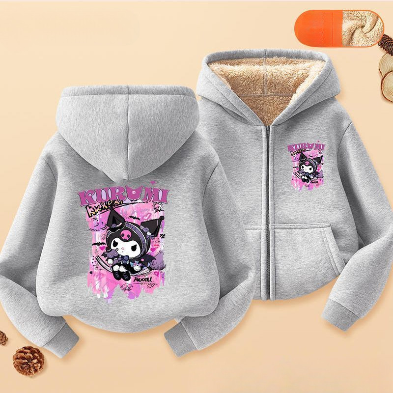 Áo Hoodie có khóa kéo dành cho trẻ em Kuromi 2025 Sanrio Thiết kế nhân vật Áo chui đầu mùa đông cho bé gái