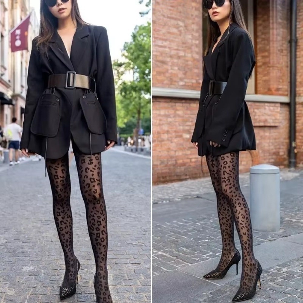 JKDESIGN - Quần Sheer siêu co giãn, mịn màng với họa tiết da báo đen phong cách Y2K