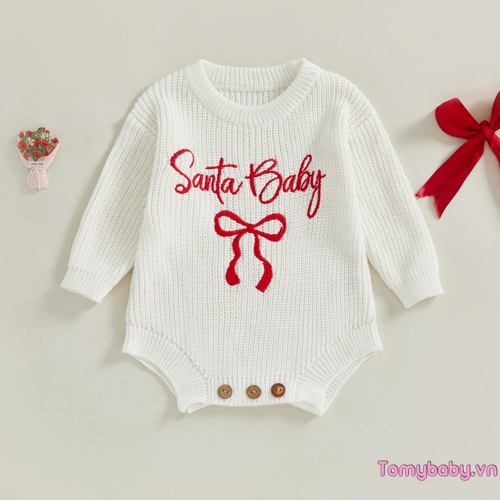 Bé Gái Giáng Sinh Áo Liền Quần Rời Phù Hợp Với Chữ Nơ Thêu Gân Dài Tay Trẻ Sơ Sinh Mùa Đông Jumpsuit
