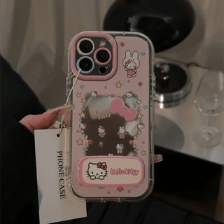 Vỏ Gương Cặp Đôi Hoạt Hình Mèo Kitty + Dây Xích + Giá Đỡ Cho IPhone 16 11 15 14 13 12 Pro Max X Xr Xs Max 7 8 Plus Vỏ Điện Thoại Bảo Vệ Ống Kính Chống Sốc Mềm Vỏ Đen