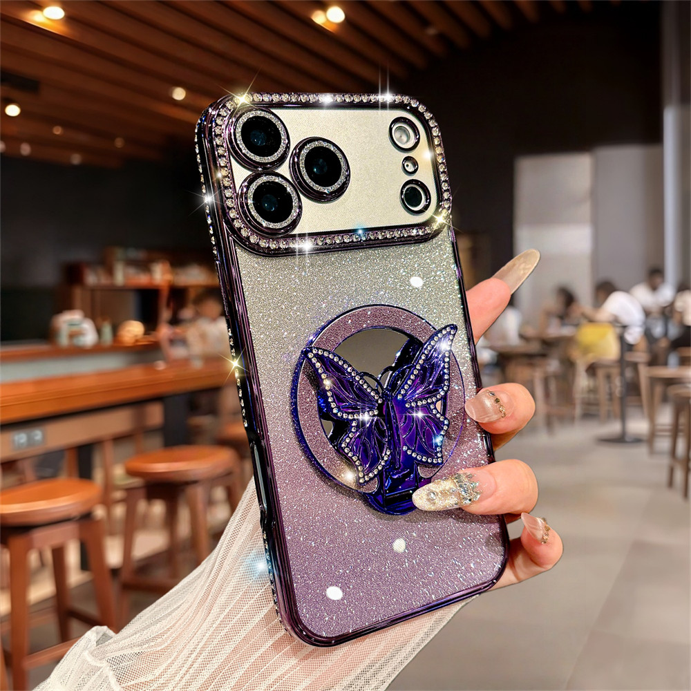 Sang Trọng Lấp Lánh Gương Bướm Giá Đỡ Ốp Lưng Điện Thoại iPhone 17 Pro Max 16 12 13 14 15 Pro Max Ống Kính Bảo Vệ Camera Vỏ Chống Sốc TPU Vỏ Mềm Điện Thoại