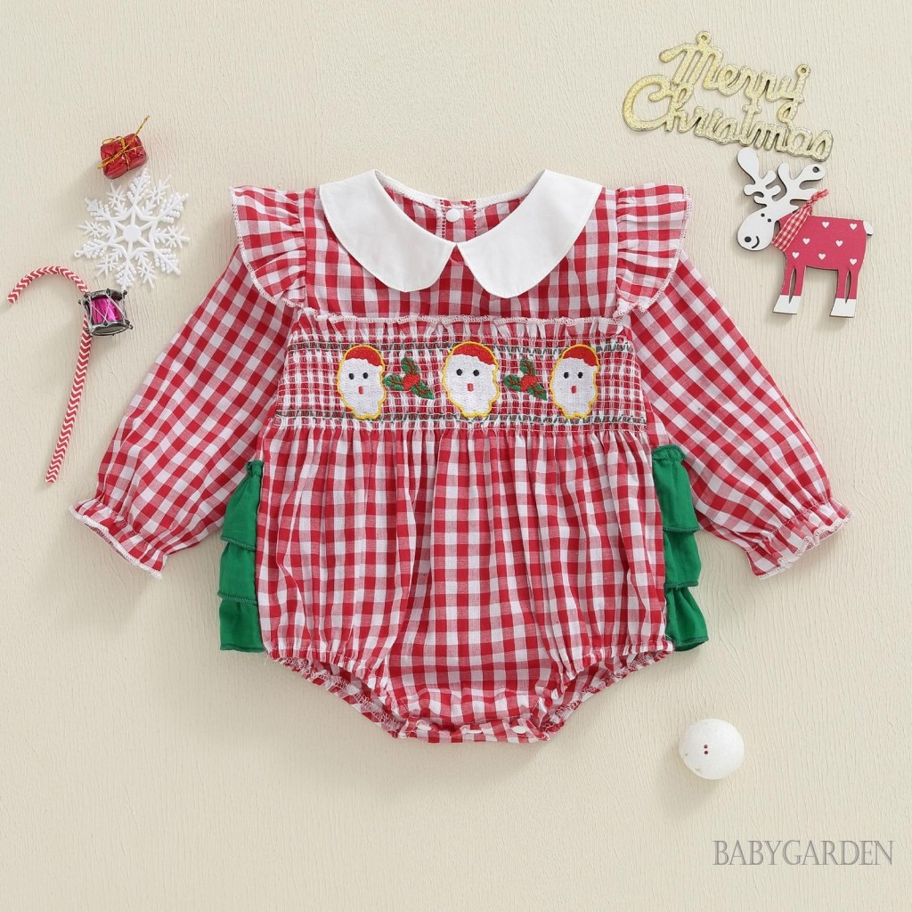 Bé Gái Giáng Sinh Áo Liền Quần Kẻ Sọc In Ông Già Noel Thêu Tay Dài Cổ Búp Bê Jumpsuit
