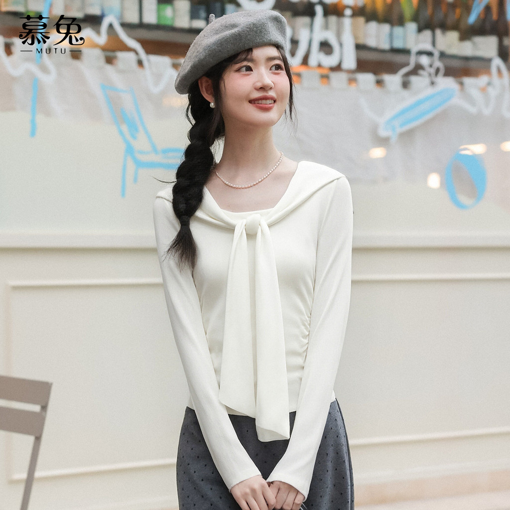 Mutu Áo Thun Dài Tay Nữ Phù Hợp Mùa Đông, Cổ Chữ V Ruột Băng, Thiết Kế Slim-Fit Sang Trọng