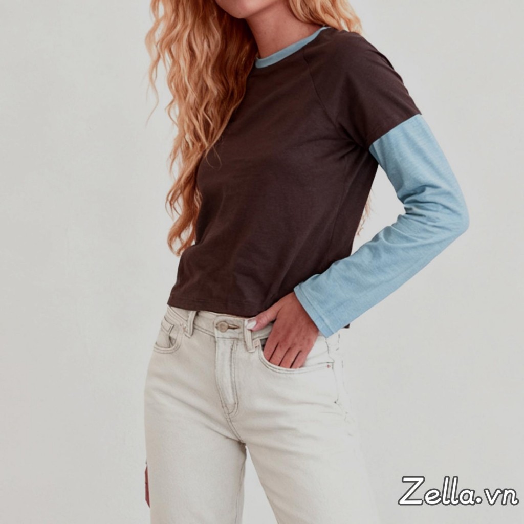 Áo thun nữ dài tayCrop Top cổ tròn dành cho văn phòng