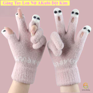 Găng Tay Len Nữ AKubi Dệt Kim Hở Đầu Ngón, Họa Tiết Đôi Mắt