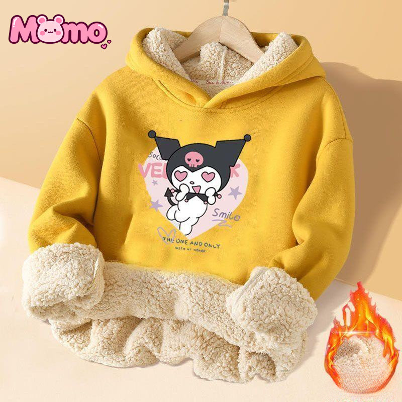Áo Hoodie cổ tròn bằng len cừu in họa tiết Sanrio Kuromi cho bé gái, áo nỉ cách nhiệt mùa đông