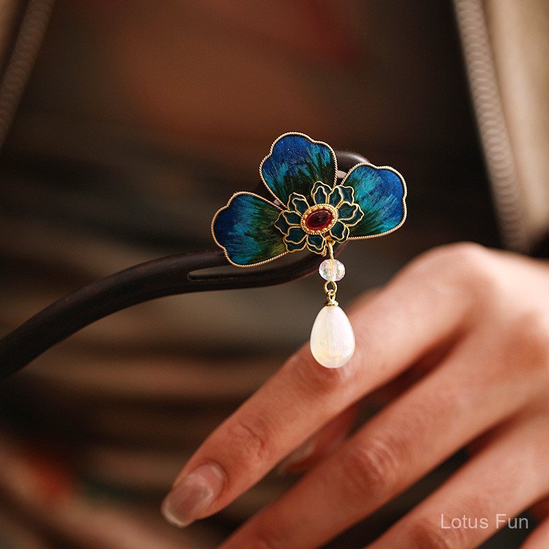 Kẹp Tóc Handmade Phong Cách Trung Quốc, Lụa Nhung & Gỗ Đàn Hương, Họa Tiết Filigree và Hình Chữ U