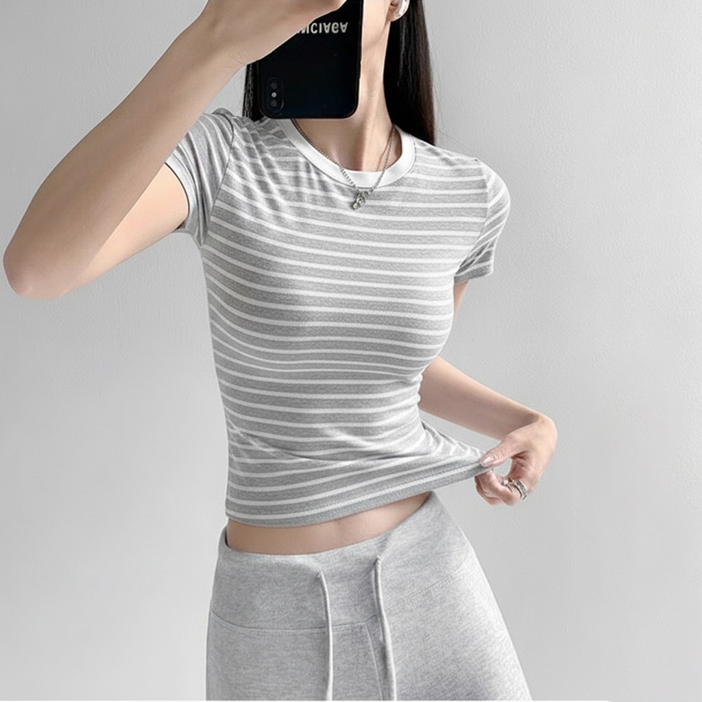 Áo Thun Nữ BABEE Tay Ngắn Cổ Tròn Baby Tee Kẻ Sọc Ngang Ôm Body Dễ Thương Chất Thun Co Dãn Thoải Mái