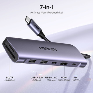 UGREEN USB C HUB 7 TRONG 1 4K @ 30hz 6 TRONG 1 Loại C sang HDMI 4K 2 Cổng USB 3.0 Đầu đọc thẻ SD TF PD100W